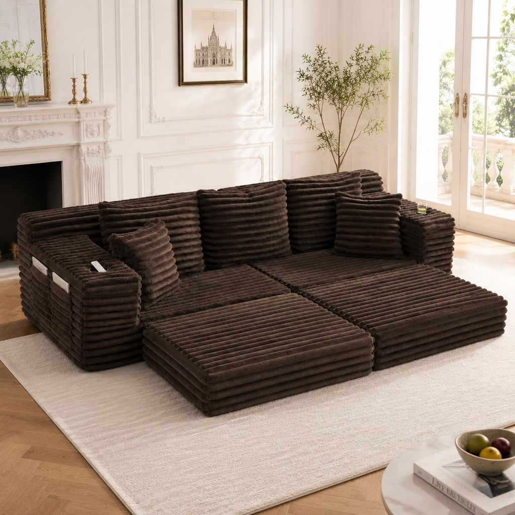 Cordsofa Kaffeebraun Sofa mit Schlaffunktion Hohe Rš¹ckenlehne Couch mit Becherhalter Seitentaschen Polstersofa Modernes Loungesofa Wohnzimmersof...