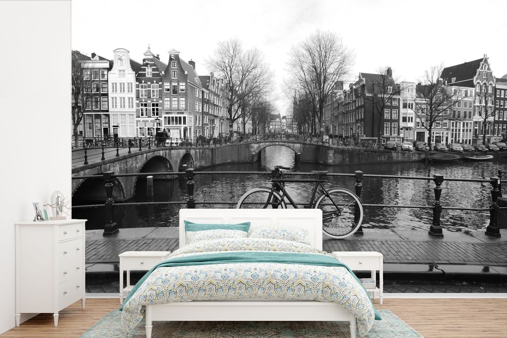 MuchoWow Fototapete für Wohnzimmer oder Schlafzimmer Wandtapete Vinyl Motivtapete Amsterdamer Grachten - Schwarz und weiß - 330x220 cm - Fotota...