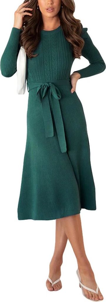 ASKSA Women's Knitted Dress Pullover Puff Sleeves Round Neck Slim Swing Midi Dress with Belt, Dunkelgrün, M