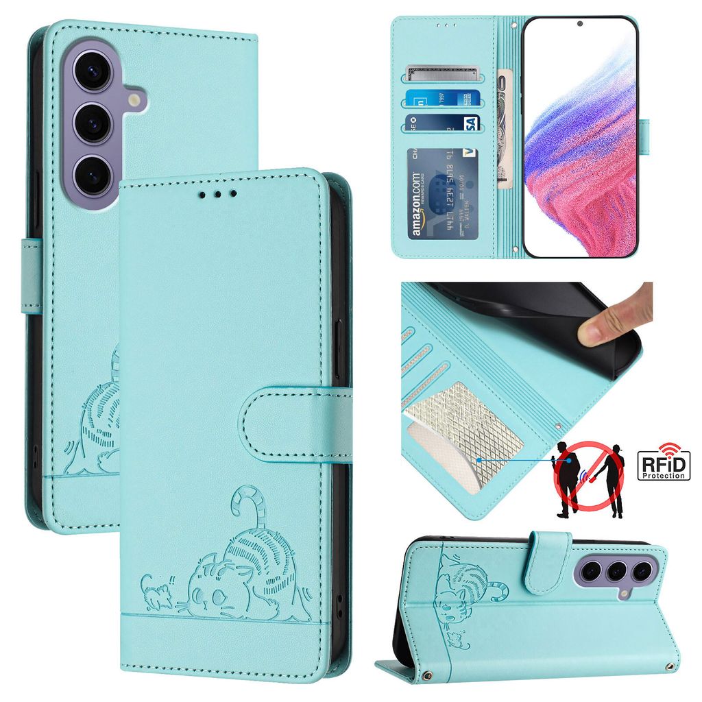 Leder Hülle für Samsung Galaxy S24 Süße Katze Flip Case Brieftasche Schutzhülle mit Standfunktion hellgrün