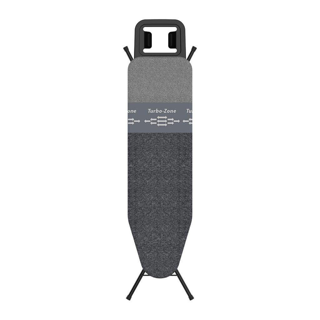 A top-down view of a dark gray ironing board with a lighter gray section and a band with the text "Turbo-Zone" printed on it. The ironing board is supported by black legs.