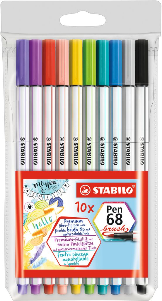 Premium-Filzstift mit Pinselspitze für variable Strichstärken - STABILO Pen 68 brush - 10er Pack - mit 10 verschiedenen Farben