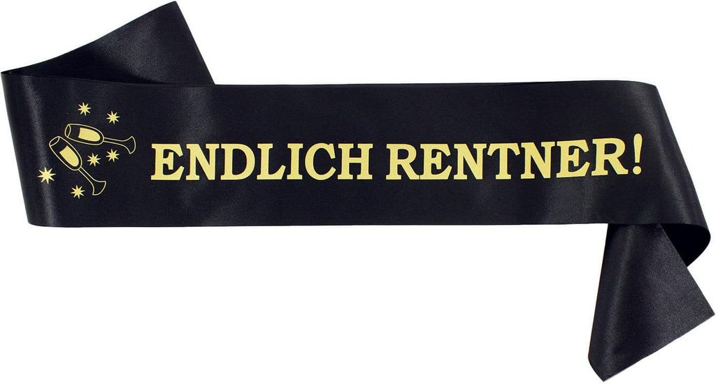 A black sash with gold text and graphics for a retirement party.