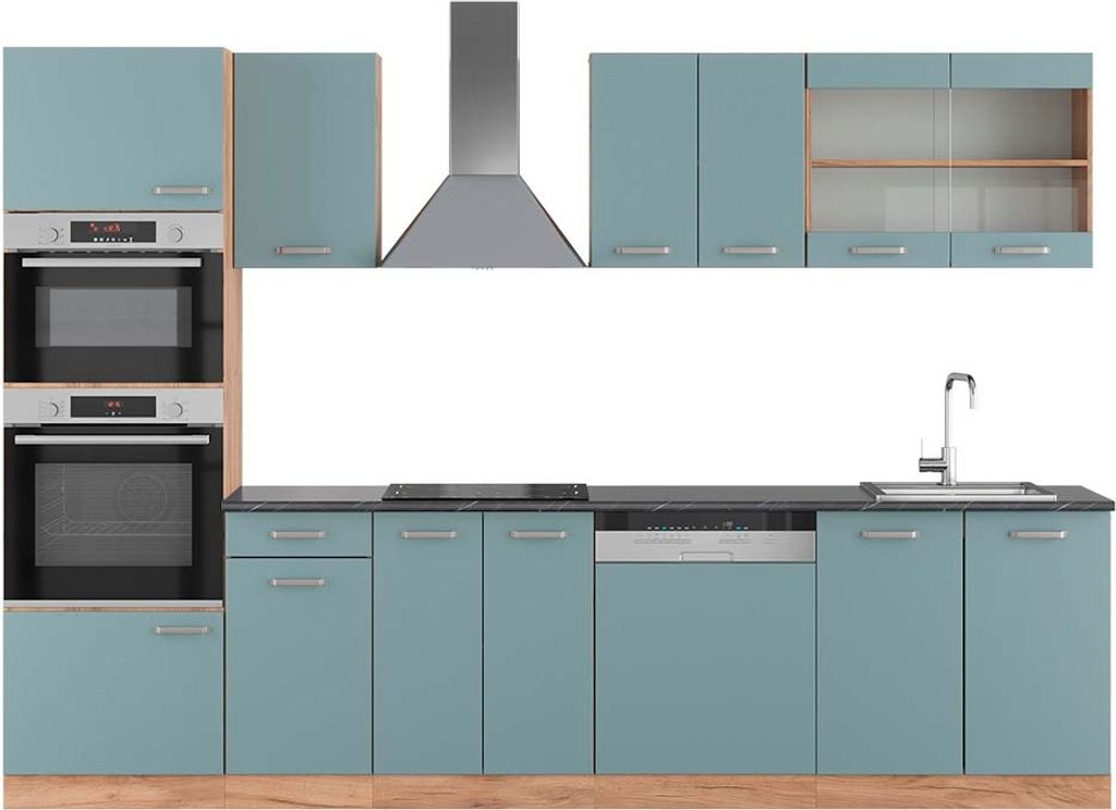 Küchenzeile Vicco R-Line Blau-Grau/Goldkraft Eiche 300 cm mit Hochschrank, AP Anthrazit, Model 43092