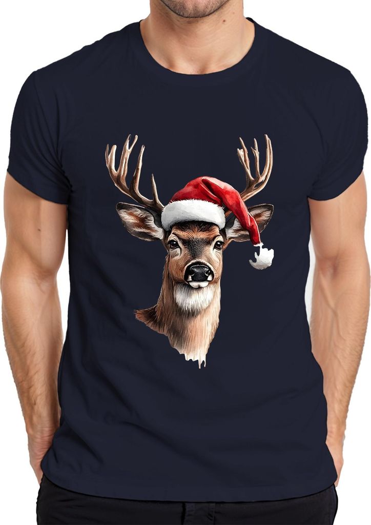 Rentier Hirsch Geweih Santa Hut Weihnachten Geschenk Vintage Herren T-Shirt, Navy, 3XL