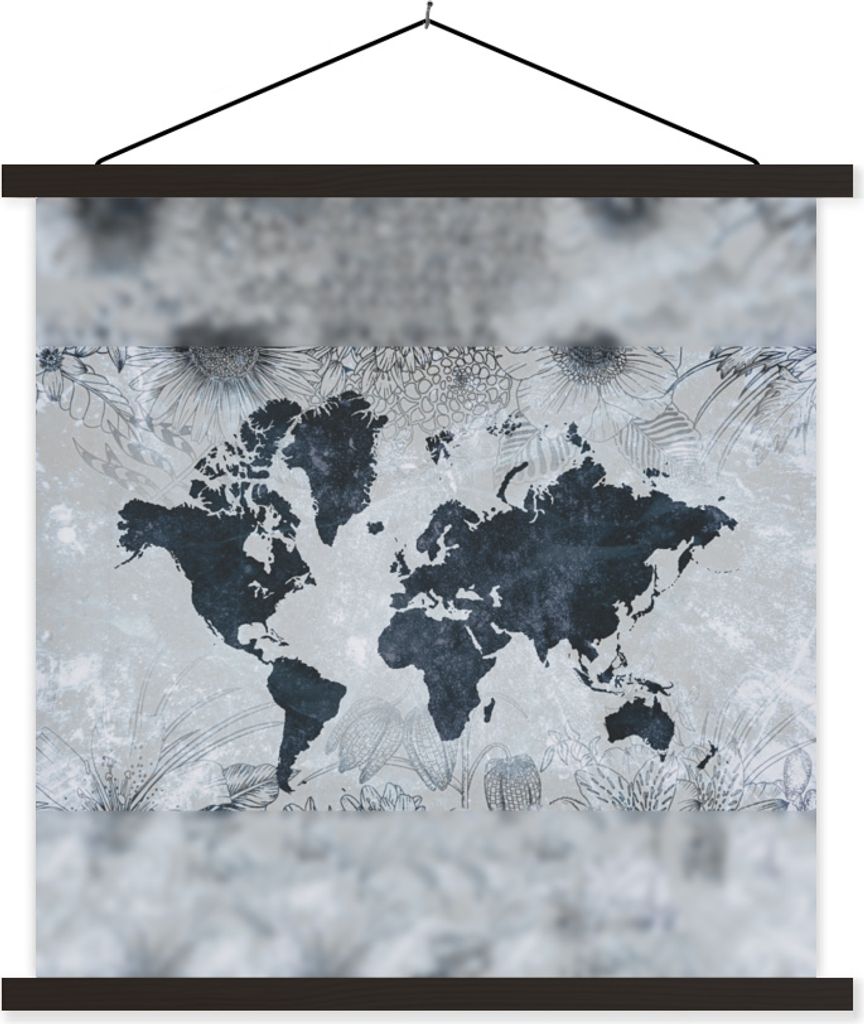 MuchoWow Textilposter Weltkarte - Blau - Blumen 40x40 cm mit schwarzem Rahmen - Fotos
