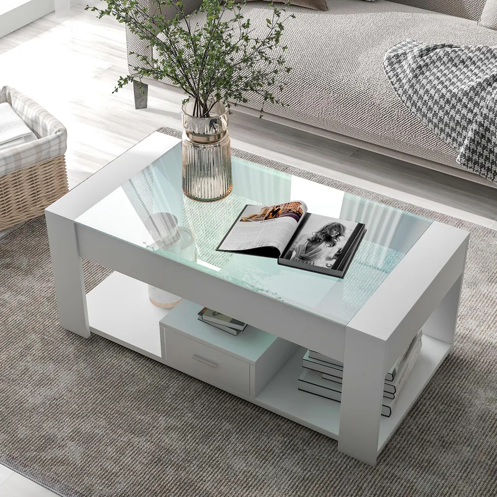 Table basse blanche multi-rangements et plateau verre trempé 100 cm