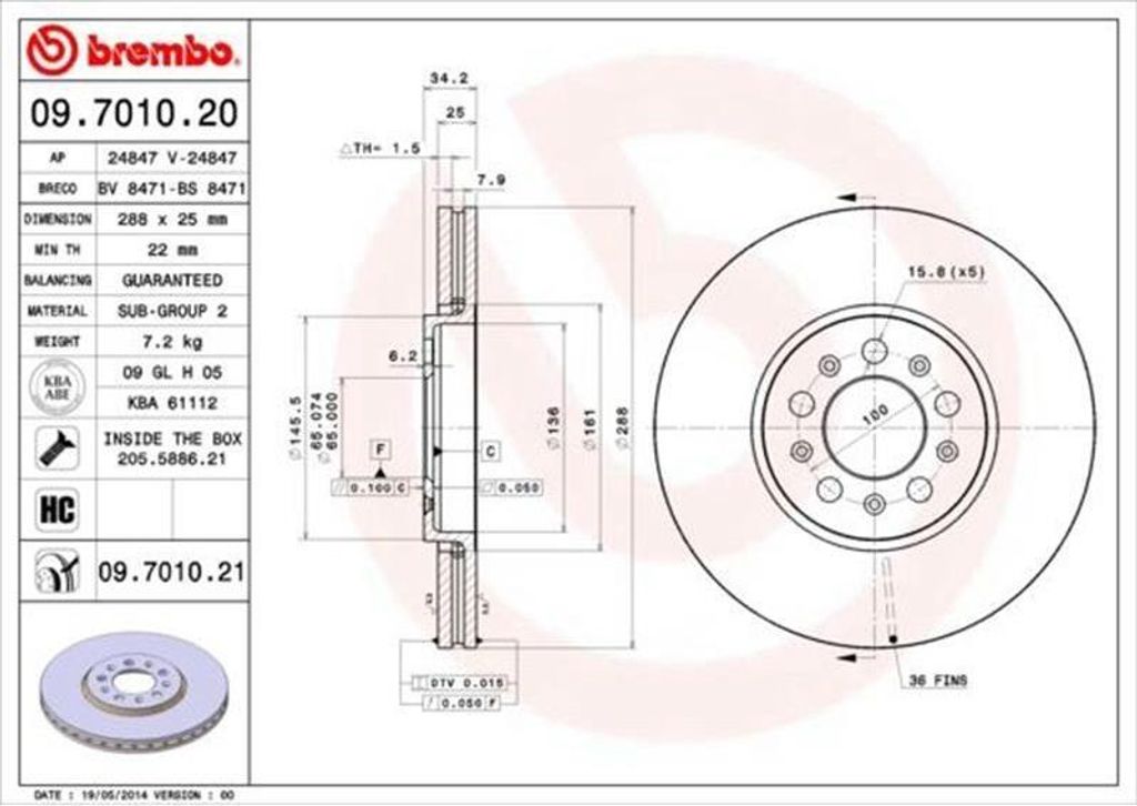 2x BREMBO 09.7010.21 Disco freno asse anteriore Immagine del prodotto 