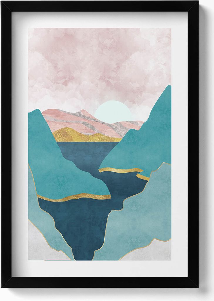 Trendige Illustration von Bergen und Flüssen– Wandbild mit Rahmen – Gerahmtes Bild – Wanddekoration – 40x60 cm – Schwarz
