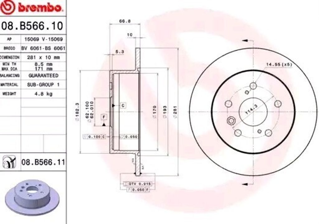 BREMBO 08.B566.11 - OE 4243106140 Bremsscheibe für Camry (V4), Camry (V5)