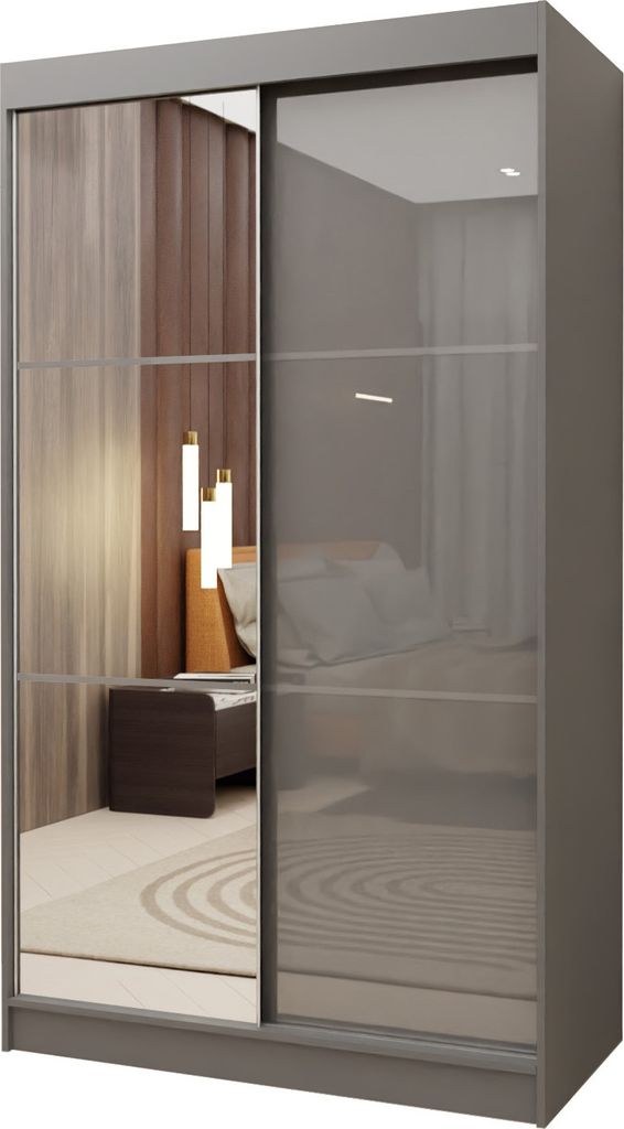 Masseno Schiebetürenschrank VITALE 120 cm Kleiderschrank mit 2 Schubladen Schlafzimmer Schrank 2-türig mit Spiegel und Lacobel Grau