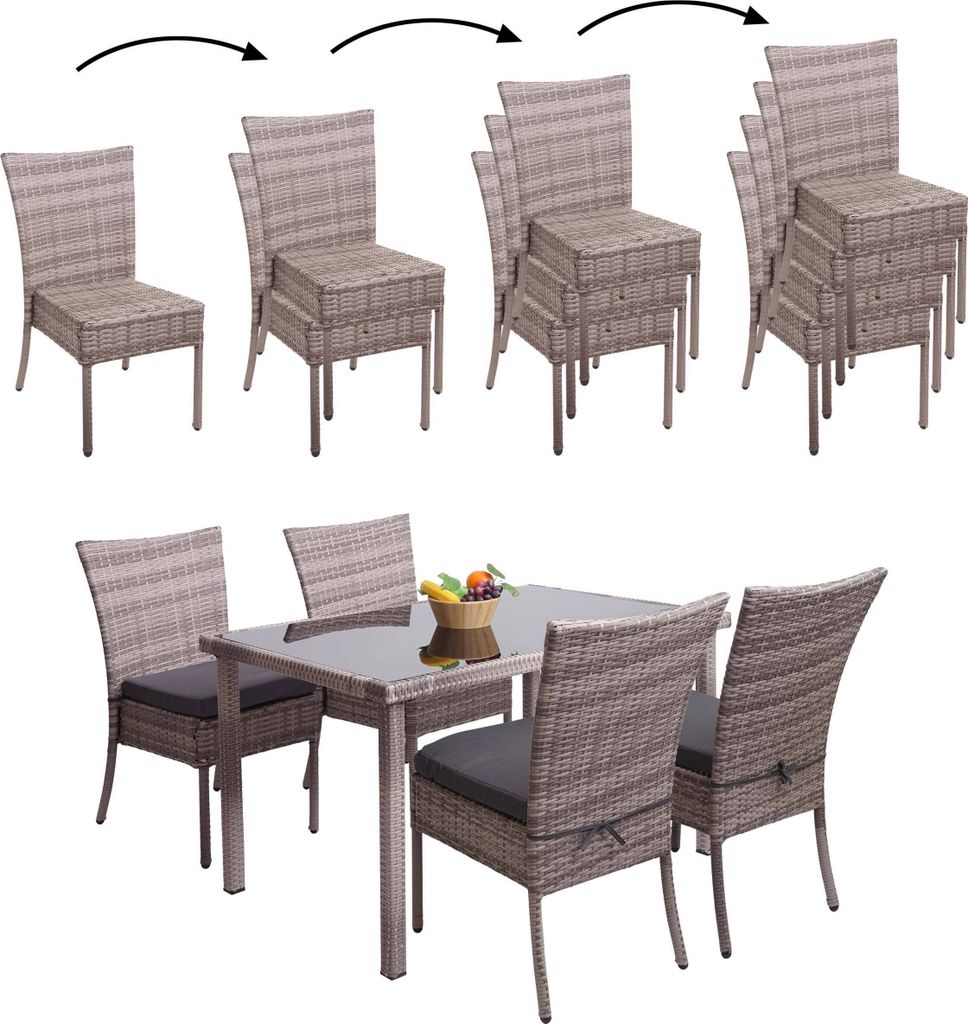 Poly-Rattan Garnitur MCW-G19, Sitzgruppe Balkon-/Lounge-Set, 4xStuhl+Tisch, 120x75cm grau-braun, Kissen dunkelgrau