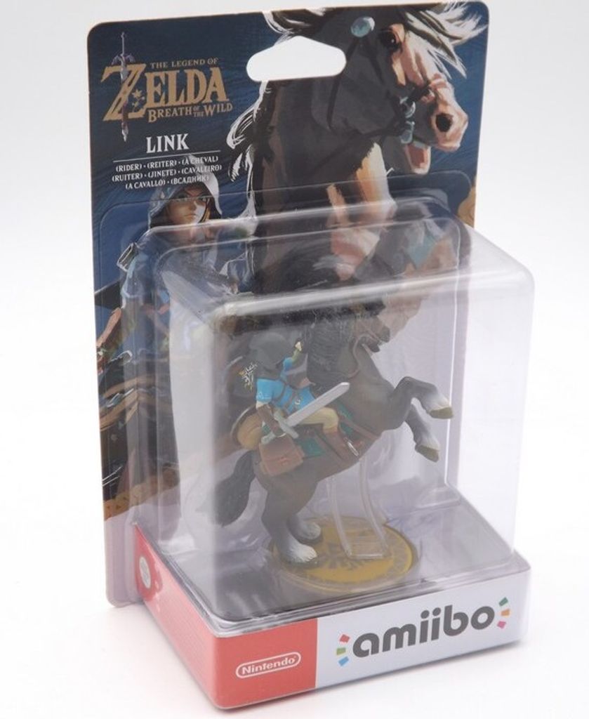 A product shot of an amiibo figure of Link on a horse, in its original packaging.