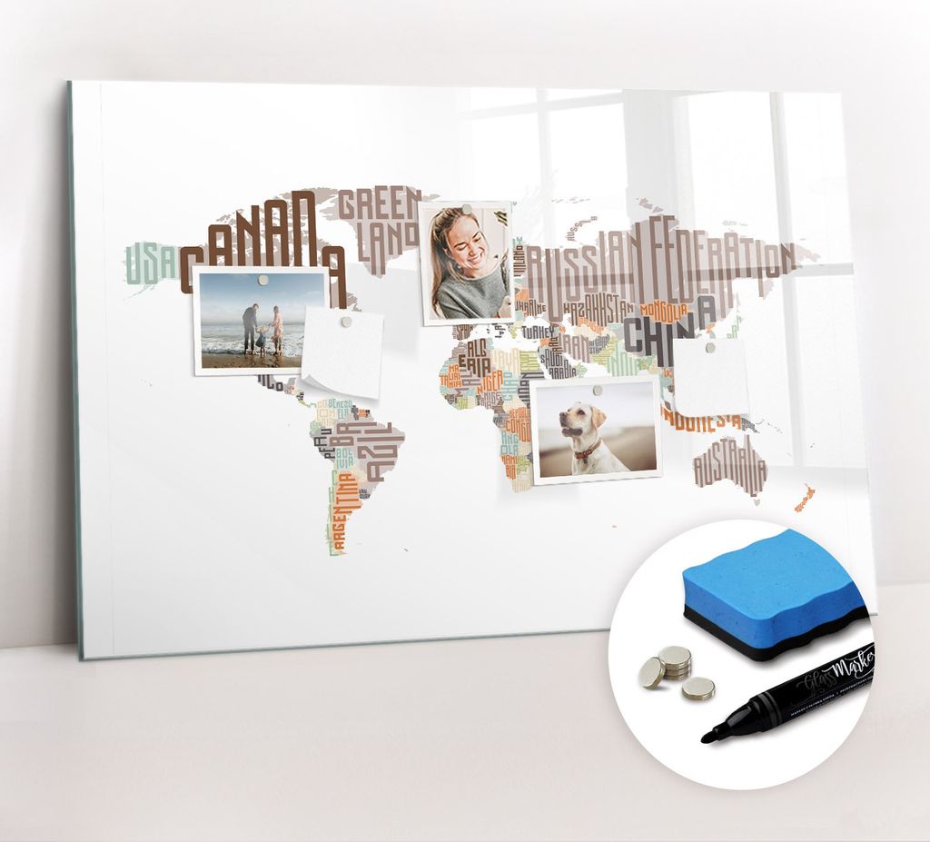 Magnetpinnwand Memoboard - Zubehörsatz - Schwarzer Marker + Schwamm + Magnete - 90 x 60 cm - Karte mit bunten Buchstaben