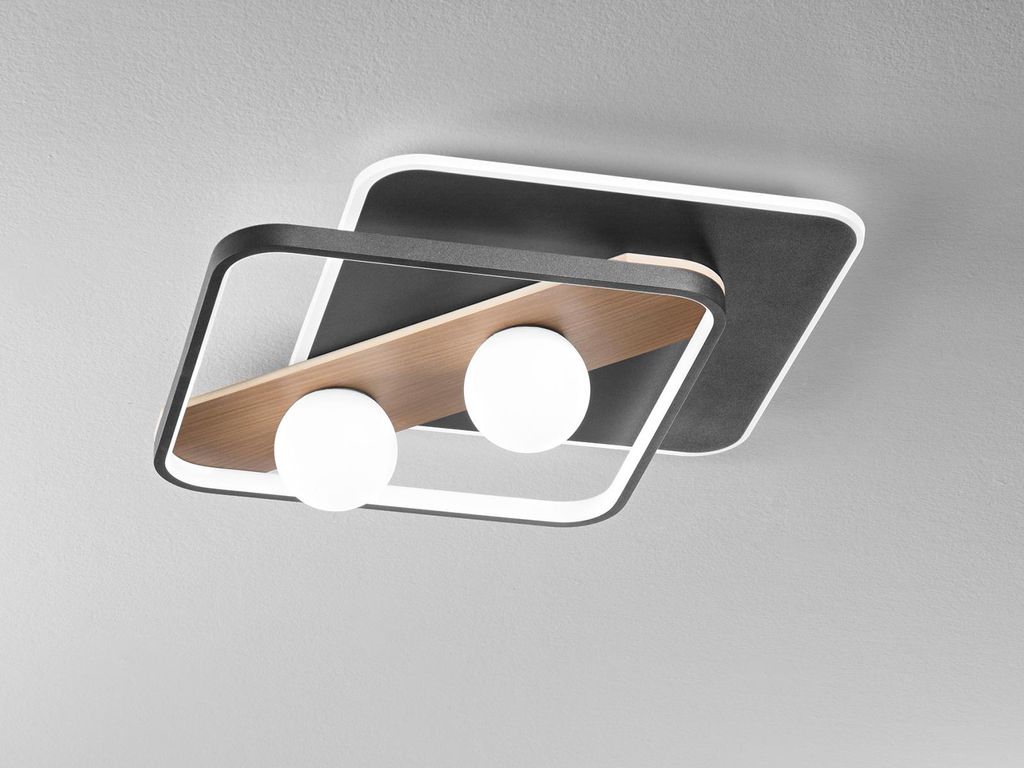 LED Deckenleuchte Schwarz mit Holzoptik, flach, Lichtfarben einstellbar 50x40cm