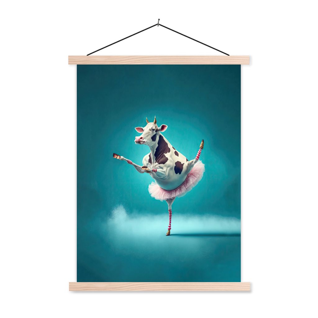 MuchoWow Textilposter Kuh - Ballett - Porträt - Blau - Tiere - Kind 40x53 cm mit holzfarbenen Rahmen - Schlafzimmer