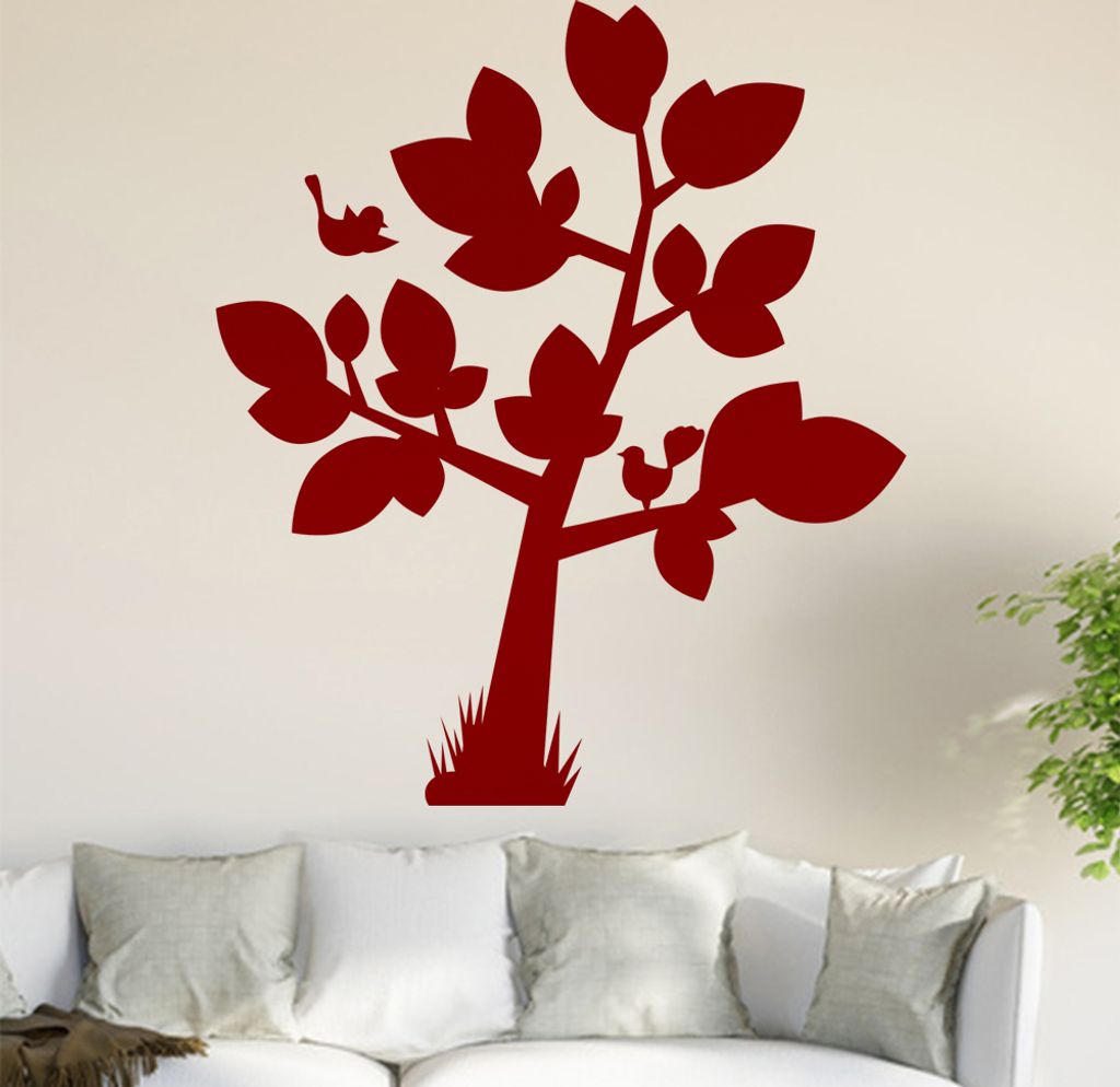 Baum mit großen Blättern - Vögel Wandtattoo in 6 Größen - Wandaufkleber Wall Sticker - Dekoration, Küche, Wohnzimmer, Schlafzimmer, Badezimmer