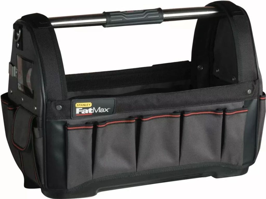 A Stanley FatMax tool bag is shown against a white background.