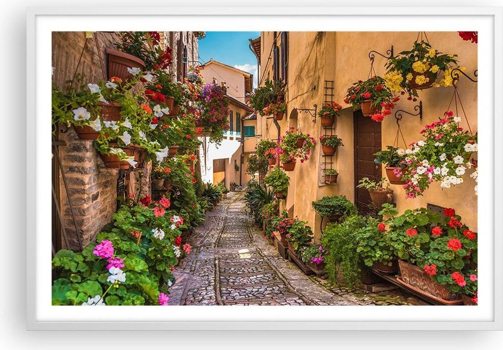 Gerahmtes Poster - Weißer Rahmen - Path Blumen Haus Hof - 91,5x61 cm - Wand Bild - Wanddeko - Wandbilder - Kunstposter - Wandposter - Bilderrahmen...