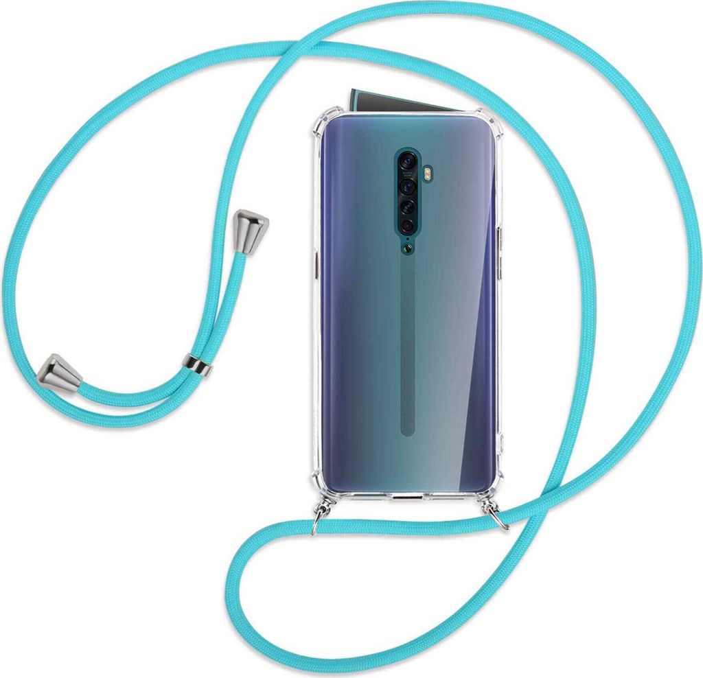 Handykette Backcover-Schutzhülle mit Band (Metall silberfarben) für Oppo Reno2 - türkis