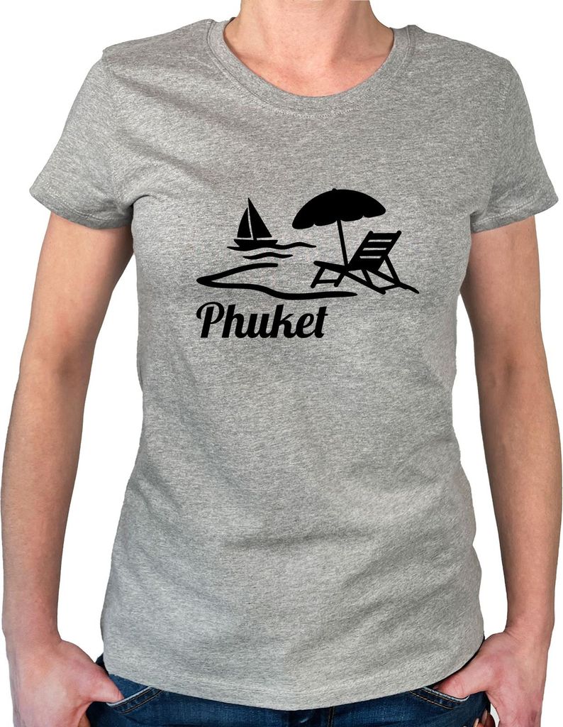 Huuraa Damen T-Shirt Phuket Inselmotiv Thailand XS Sport Grey Bio Baumwolle Fairtrade Damenshirt Geschenkidee
