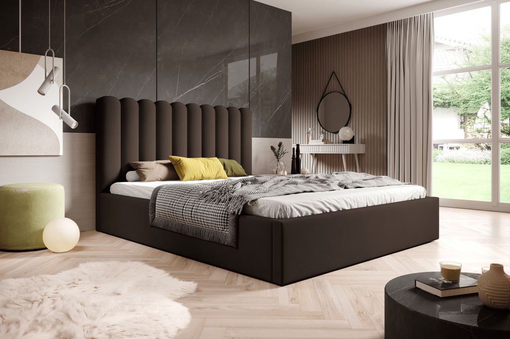 BESILIO Bett mit hohem Kopfteil für Schlafzimmer 140x200 Lumi - Lattenrost mit Bettkasten - Braun & Magic Velvet 2205