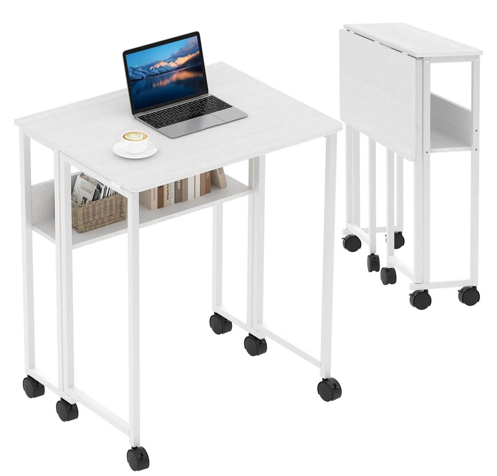 Klapptisch Schreibtisch - Rollbarer Computertisch 63 cm - Mit Ablageboden - Platzsparend - Mit Rollen - Weiß