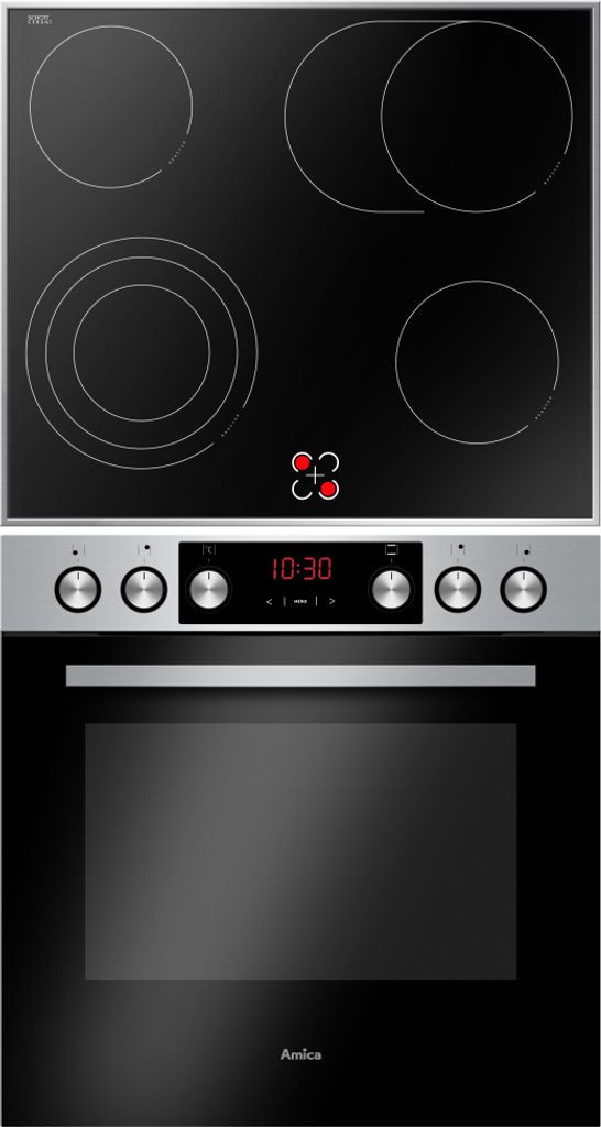 A top-down view of a black glass ceramic hob and a silver and black oven.