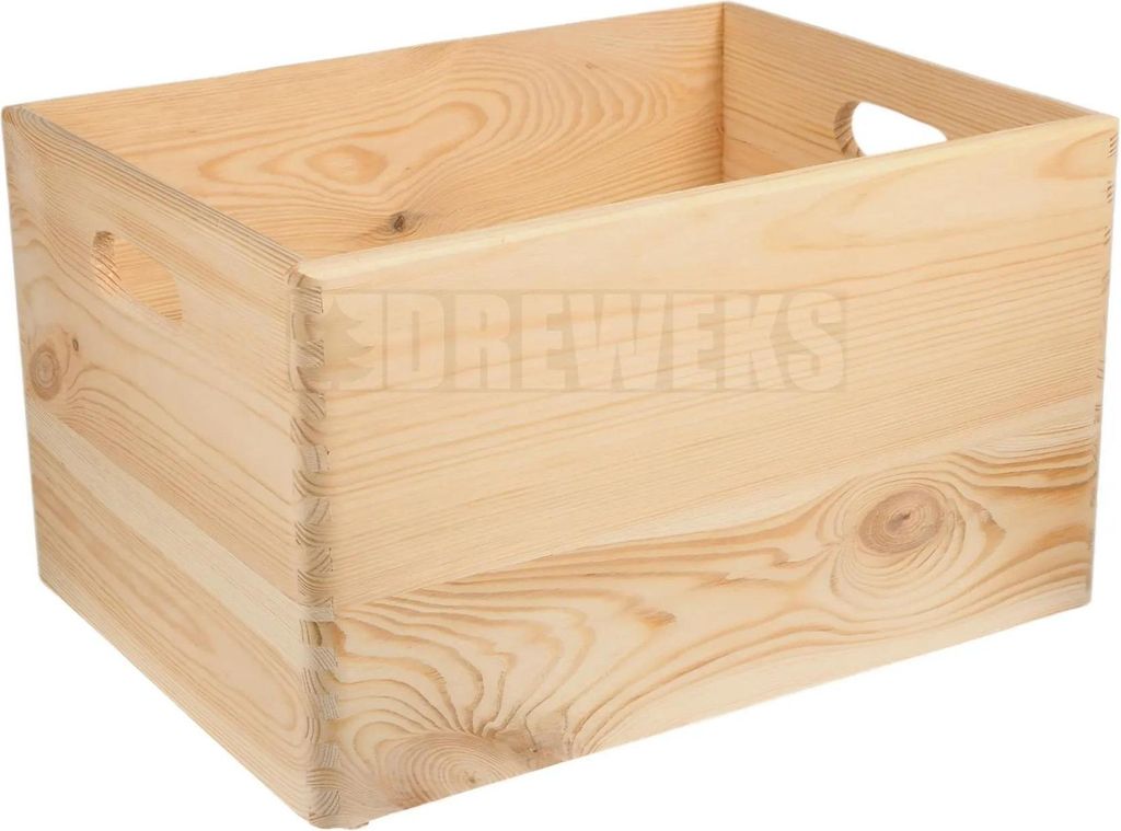 Große Aufbewahrungsbox aus dicken Kiefernholzbrettern mit Schwalbenschwanzverbindungen und praktischen Griffen