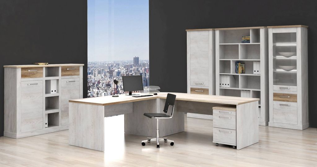Komplettbüro DURO 2 mit Winkelschreibtisch Pinie weiß Eiche antik