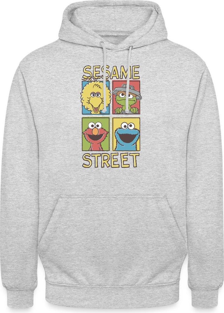 Spreadshirt Sesamstraße Bibo, Oscar, Elmo, Krümelmonster Uni Hoodie, M, Hellgrau meliert