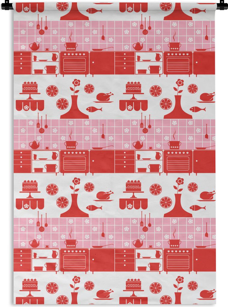 MuchoWow Wandteppich Wandbehang Muster - Pfannen - Design - Haus - Rosa 120x180 cm Tapisserie Dekoration Wandtuch - Schlafzimmer - Dekorationen f...