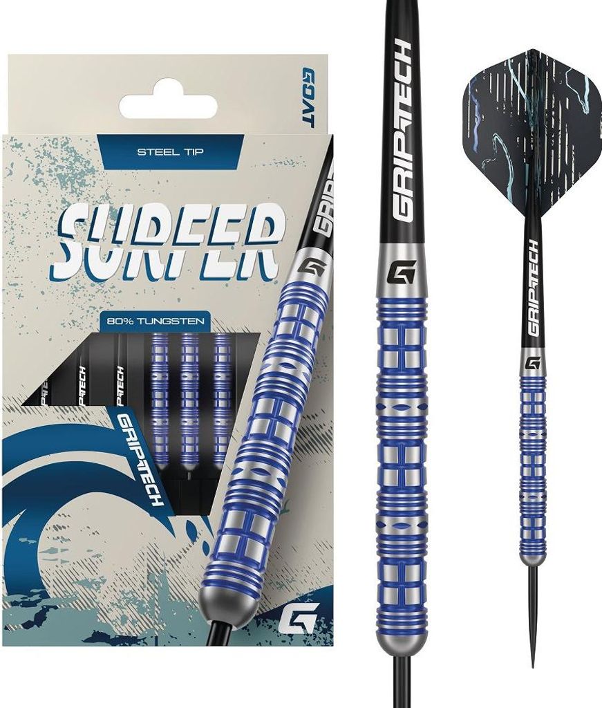 GOAT – Surfer 80% Tungsten Dartpfeile, 20 Gramm, Blau, Mit Extra Flights und Shafts, Steeldarts, Profi Dartpfeile Set, 3 Steeldart Pfeile