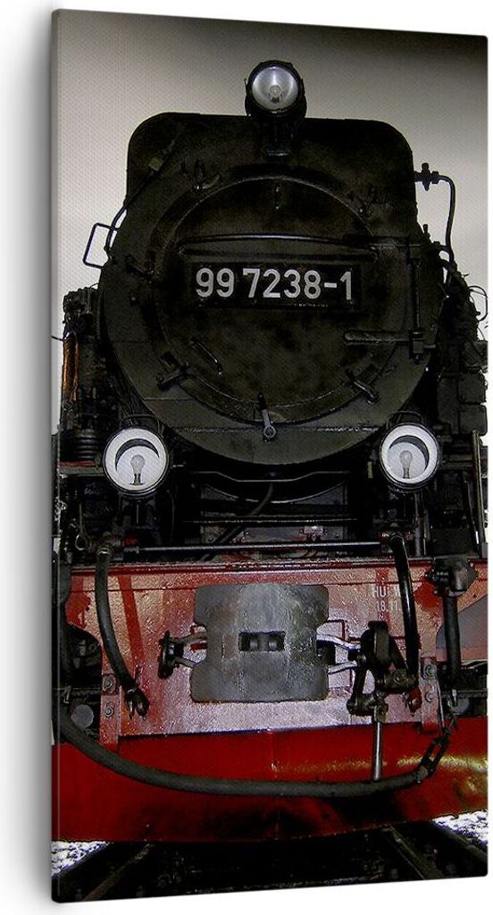 Bild auf Leinwand - Leinwandbild - Dampflokomotive Gleise Nebel - 55x100cm - Wand Bild - Wanddeko - Leinwanddruck - Bilder - Kunstdruck - Wanddekor...