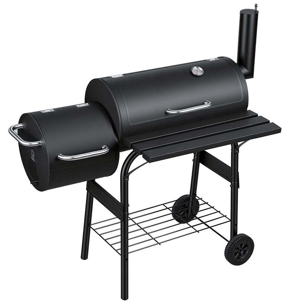 Faziango Smoker Holzkohlegrill mit 2 Rädern und Temperaturanzeige, Grillwagen mit Deckel, Schwarz
