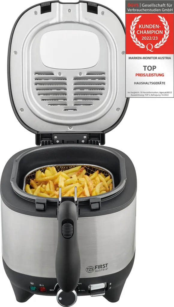 Friggitrice TZS First Austria Serbatoio dell'olio da 2,5 litri, temperatura regolabile (130°C - 190°C), rivestimento antiaderente, manico del cestello isolato, 1600W