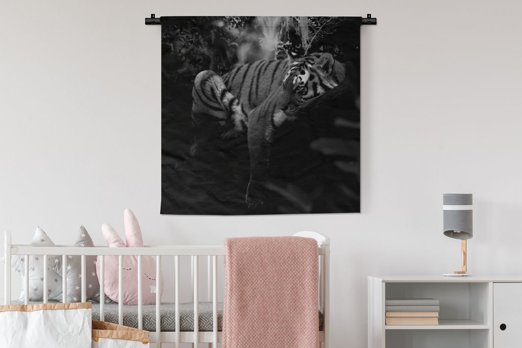 MuchoWow Wandteppich Wandbehang Tiere - Tiger - Dschungel - Schwarz - Weiß 90x90 cm Tapisserie Dekoration Wandtuch - Wandaufhänger