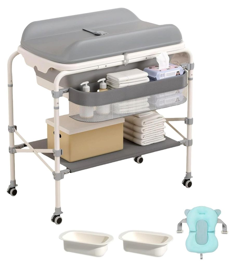 Wickeltisch für Babys mit Badewanne, mit 4 360° geräuschlosen Rädern, wasserdichter mobiler Wickeltisch mit Ablagekorb, klappbar, max. Belastba...