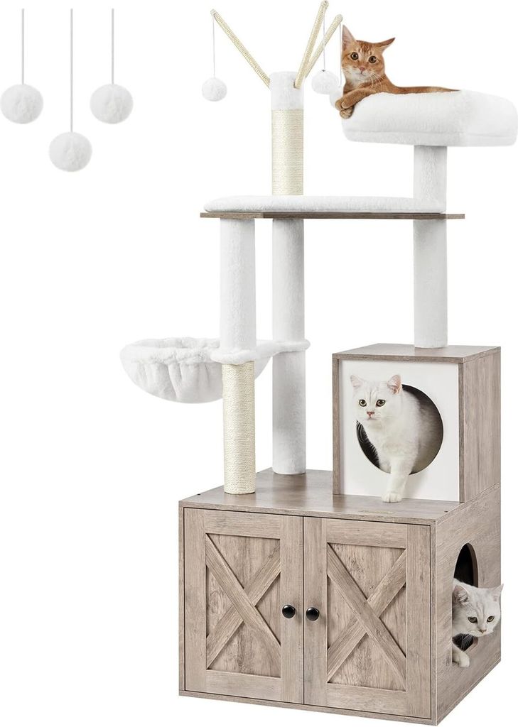 Feandrea Kratzbaum mit Katzenklo, 2-in-1 Kratzbaum, versteckte Katzentoilette, mit Sisalstämmen, herausnehmbare Plüschbälle,