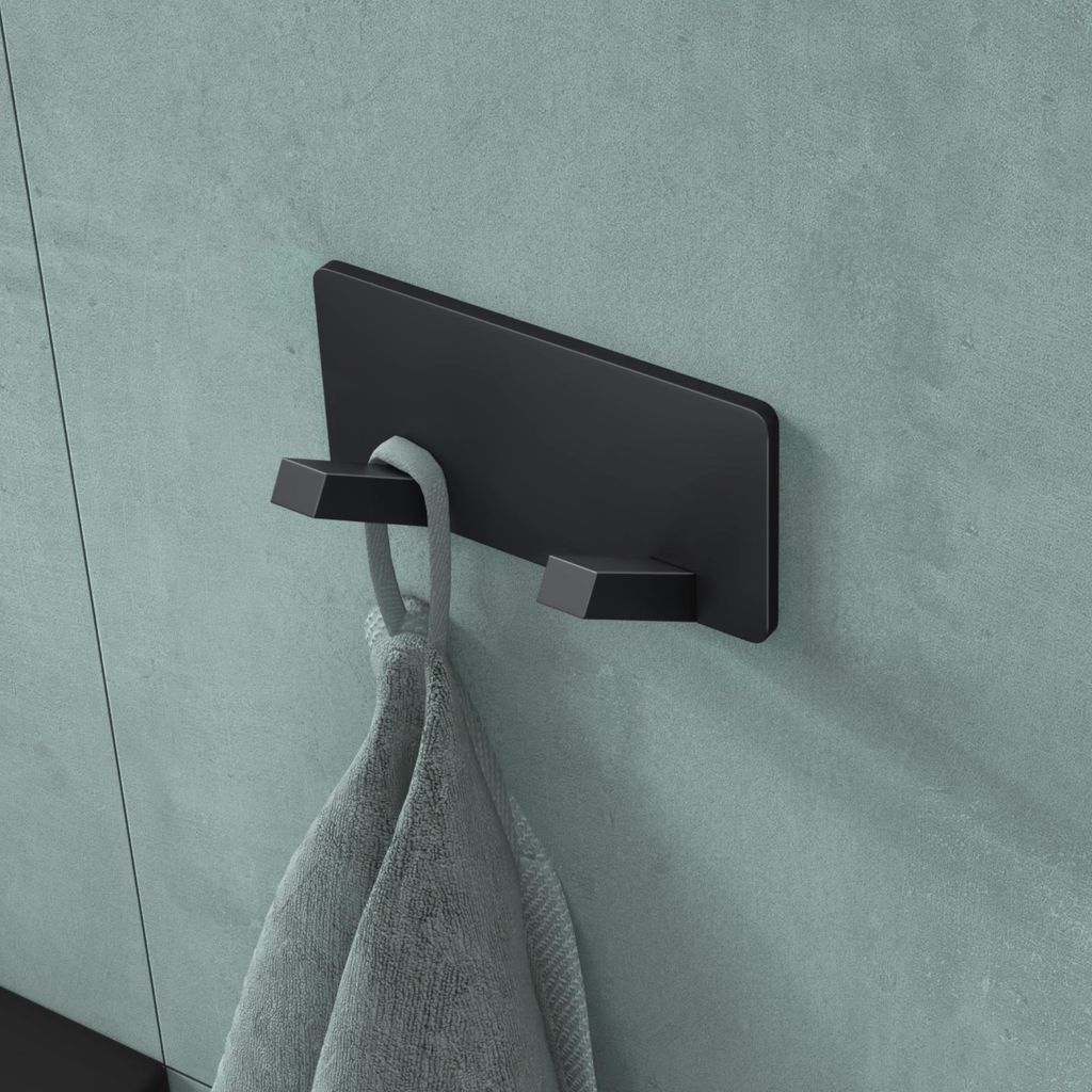 Mai & Mai Kleiderhaken ohne Bohren Wandgarderobe Wandhaken aus Edelstahl mit 2 Haken Garderobenleiste Garderobenhaken 81mm Matt schwarz Stalo-04