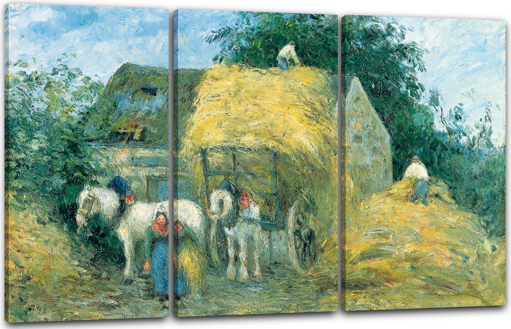 Leinwandbild 3-teilig (120x80cm): Camille Pissarro - The Hay Cart Montfoucault, echter Holz-Keilrahmen inkl. Aufhänger, handgefertigt in Deutschland