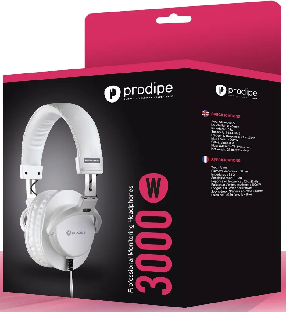 Prodipe 3000W Blanc Casque Fermé Haute Puissance avec Coussinets Doux