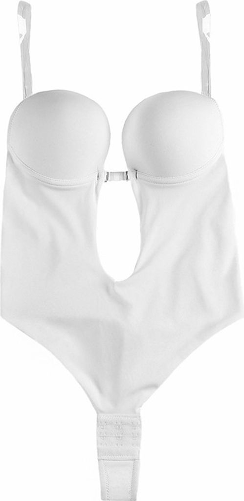 ASKSA Rückenfreier Unsichtbar Body Shaper-BH mit tiefem V-Ausschnitt,Nahtloser Tanga Tiefem V-Bodysuit BHS, Weiß, XL