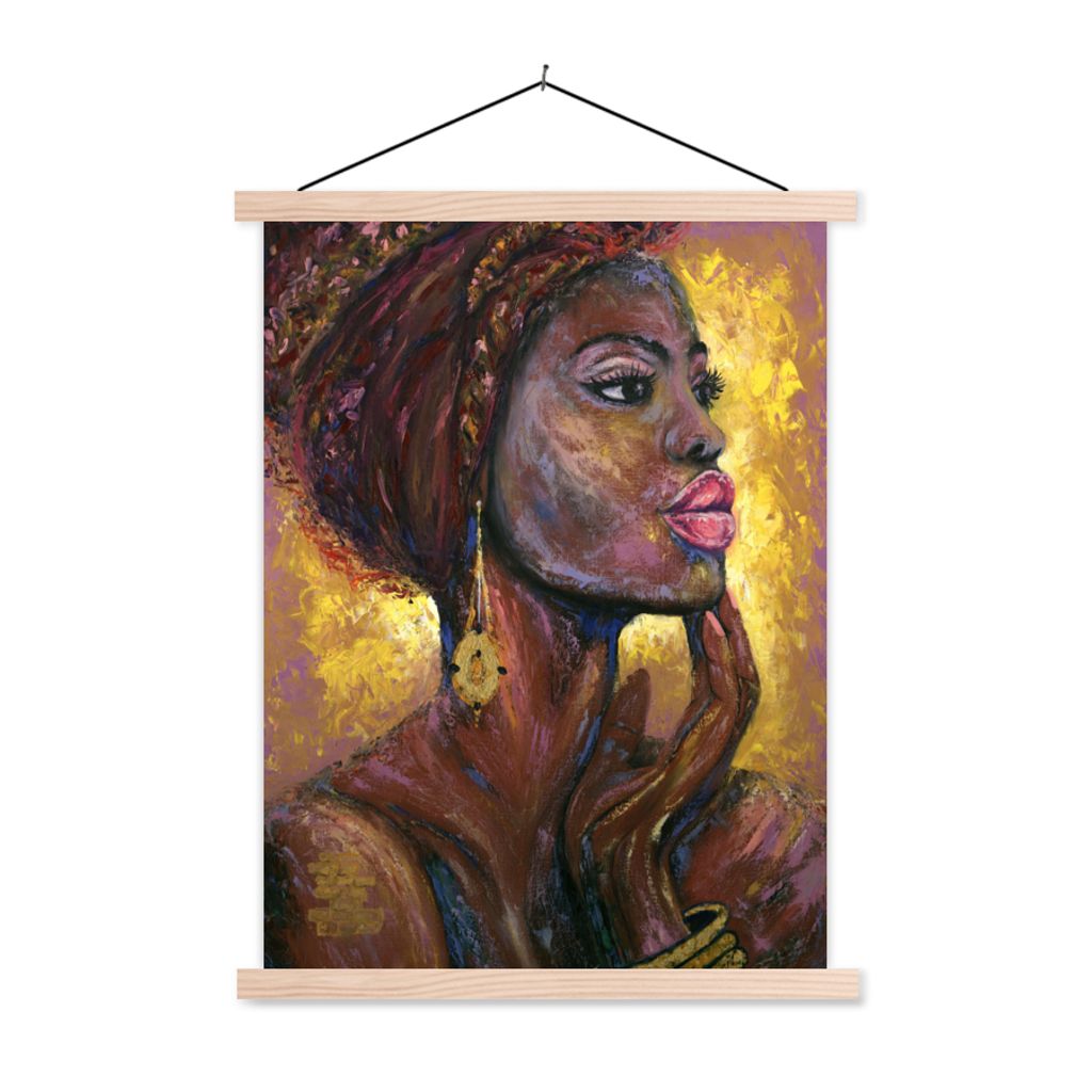 MuchoWow Textilposter Gemälde - Frau - Gold - Ölfarbe 60x80 cm mit holzfarbenen Rahmen - Wandbild