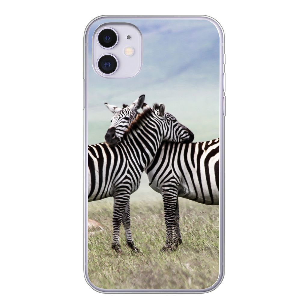 MuchoWow Handyhülle Schutzhülle Hülle für iPhone 11 Zebras - Gras - Schwarz - Weiß Silikon Softcase Handy Hülle - Handytasche