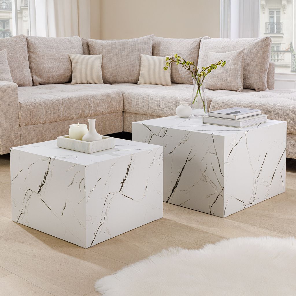 riess-ambiente Modernes 2er Set Beistelltische DICE 60cm weiß Marmor-Optik Würfel Couchtisch Tisch Ablage