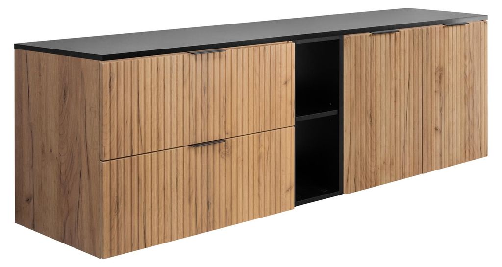 Badezimmer-Set: Schrank mit Schubladen, Schrank mit Türen und Regal 57×46×180 cm, Farbe: Eiche Craft / Schwarz, schwarzer Griff