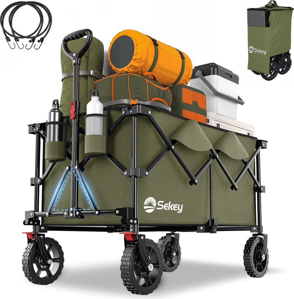 Sekey Bollerwagen Faltbar Handwagen Strandwagen 150kg Belastung, 200L Ladekapazität Klappbarer mit vierfacher Faltung, CompactFold-Serie-grün