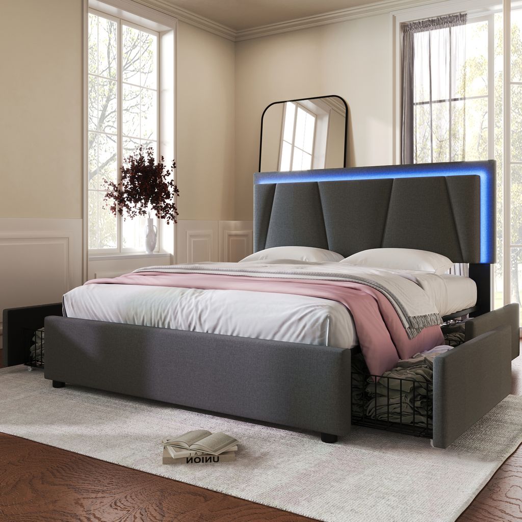 A bedroom scene featuring a modern bed with LED lighting.