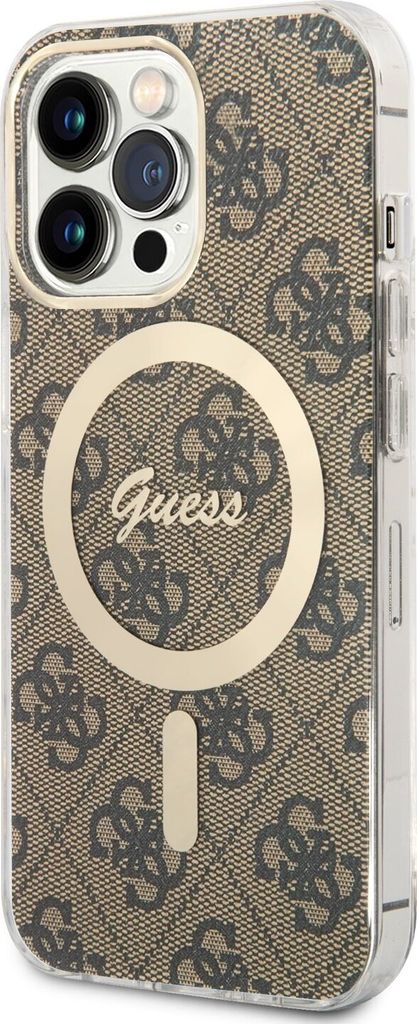 A close-up, angled view of a phone case with a repeating Guess logo pattern and a circular MagSafe charging area.